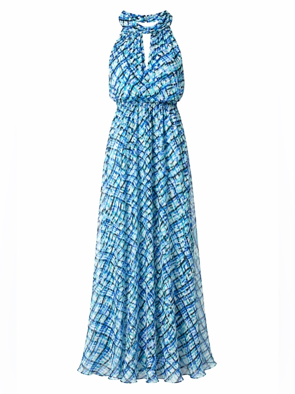 NWT Calvin Klein Halter Maxi Dress Blue Abstract Print Chiffon Ruched Size 14